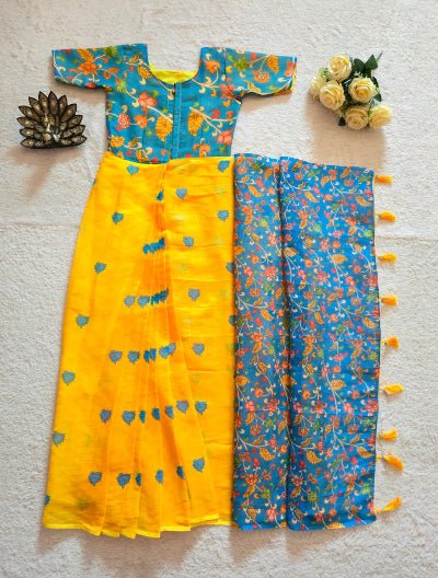 Yellow Blue Linen Silk Ready to Wear Kalamkari Gown Saree - BONYHUBSAREE