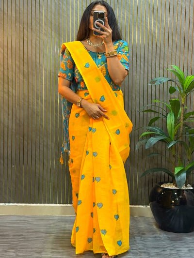 Yellow Blue Linen Silk Ready to Wear Kalamkari Gown Saree - BONYHUBSAREE