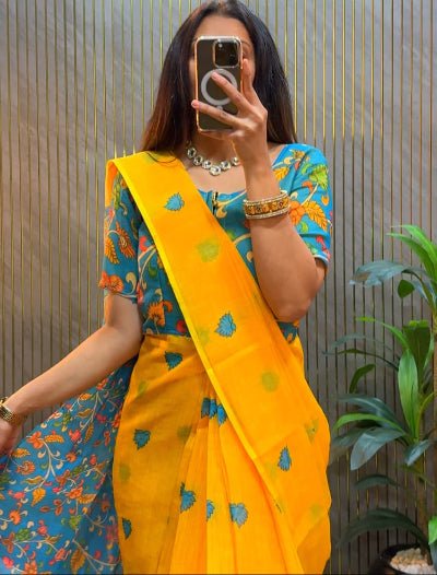 Yellow Blue Linen Silk Ready to Wear Kalamkari Gown Saree - BONYHUBSAREE