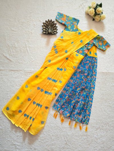 Yellow Blue Linen Silk Ready to Wear Kalamkari Gown Saree - BONYHUBSAREE
