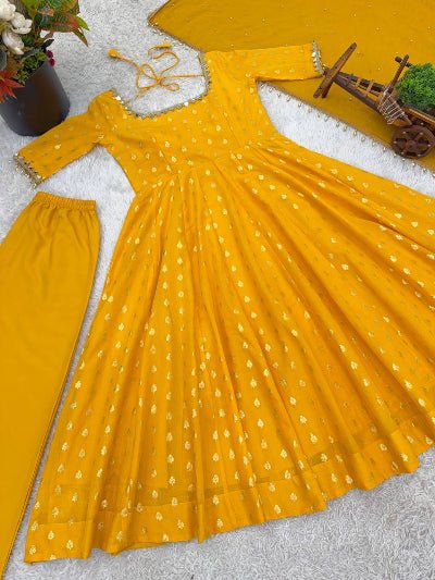 Yellow Chanderi Jacquard Mirror Work Anarkali Suit Set - BONYHUBSALWAR KAMEEZ