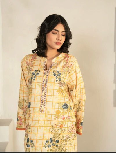 Yellow Checked Pattern Floral Kurti Palazzo Set Of 2 - BONYHUBSALWAR KAMEEZ
