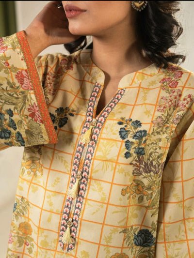 Yellow Checked Pattern Floral Kurti Palazzo Set Of 2 - BONYHUBSALWAR KAMEEZ