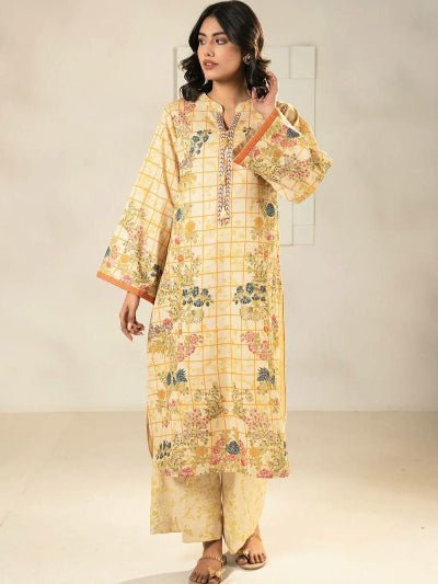 Yellow Checked Pattern Floral Kurti Palazzo Set Of 2 - BONYHUBSALWAR KAMEEZ