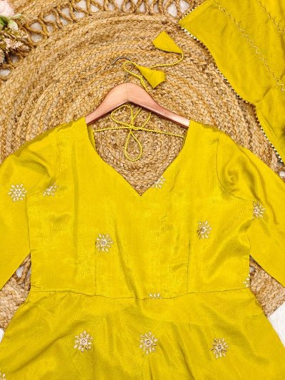 Yellow Chinon Intricate Flowy Anarkali Dupatta Set Of 2 UK Next Day - BONYHUBSALWAR KAMEEZ