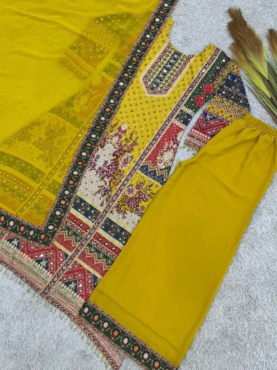 Yellow Chinon Silk Digital Print Mirror Work Suit Set - BONYHUBSALWAR KAMEEZ