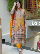 Yellow Chinon Silk Digital Print Mirror Work Suit Set - BONYHUBSALWAR KAMEEZ