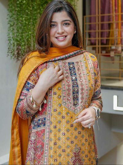 Yellow Chinon Silk Digital Print Mirror Work Suit Set - BONYHUBSALWAR KAMEEZ