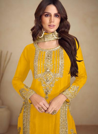 Yellow Chinon Silk Partywear Attractive Suit Set - BONYHUBSALWAR KAMEEZ