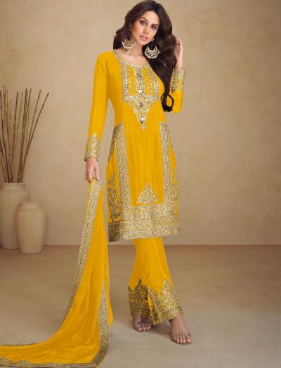 Yellow Chinon Silk Partywear Attractive Suit Set - BONYHUBSALWAR KAMEEZ