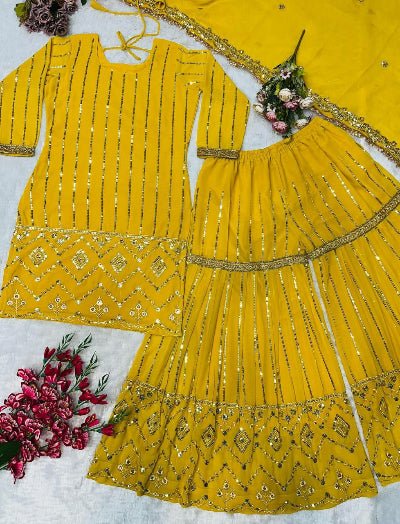 Yellow Georgette Embroidery Work Festive Sharara Suit Set - BONYHUBSALWAR KAMEEZ