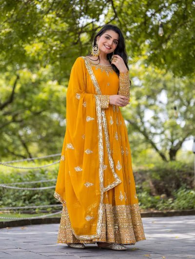 Yellow Georgette Full Heavy Embroidery Sequence Work Anarkali Suit Set - BONYHUBSALWAR KAMEEZ