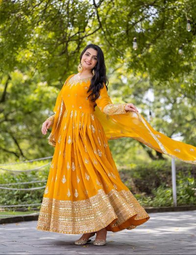 Yellow Georgette Full Heavy Embroidery Sequence Work Anarkali Suit Set - BONYHUBSALWAR KAMEEZ