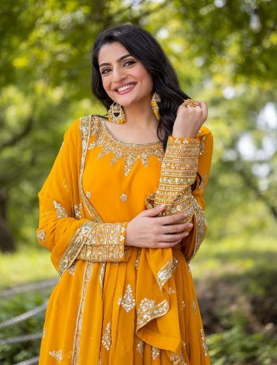 Yellow Georgette Full Heavy Embroidery Sequence Work Anarkali Suit Set - BONYHUBSALWAR KAMEEZ