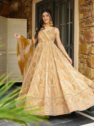 Yellow Gold Printed Organza Silk Flair Anarkali Dupatta Set Of 2 - BONYHUBSALWAR KAMEEZ