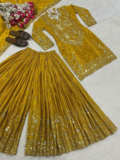 Yellow Haldi Chinon Silk Sharara Palazzo Suit Set - BONYHUBSALWAR KAMEEZ