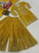 Yellow Haldi Chinon Silk Sharara Palazzo Suit Set - BONYHUBSALWAR KAMEEZ