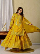 Yellow Haldi Chinon Silk Sharara Palazzo Suit Set - BONYHUBSALWAR KAMEEZ