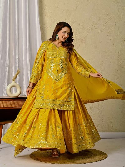 Yellow Haldi Chinon Silk Sharara Palazzo Suit Set - BONYHUBSALWAR KAMEEZ