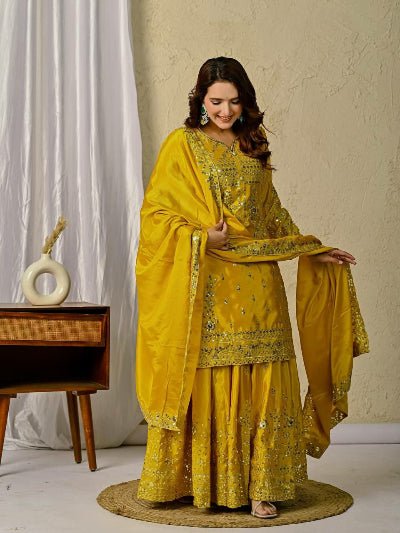 Yellow Haldi Chinon Silk Sharara Palazzo Suit Set - BONYHUBSALWAR KAMEEZ