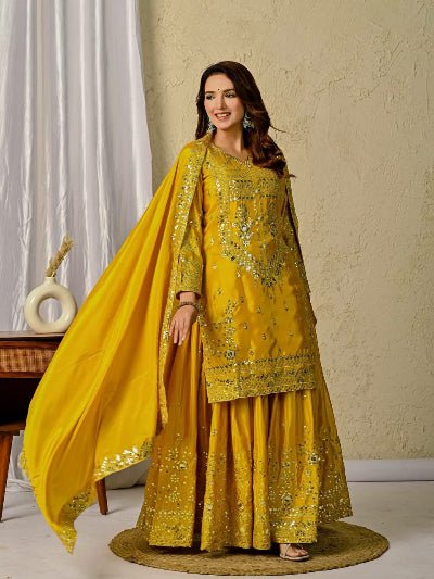 Yellow Haldi Chinon Silk Sharara Palazzo Suit Set - BONYHUBSALWAR KAMEEZ
