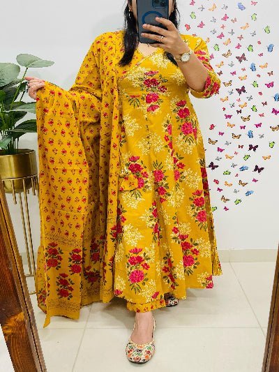 Yellow Jaipuri Azrak Print Yellow Cotton Anarkali Suit Set - BONYHUBSALWAR KAMEEZ
