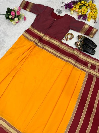 Yellow &amp; Maroon Silk Zip &amp; Go 10 Sec Saree Gown - BONYHUBSAREE