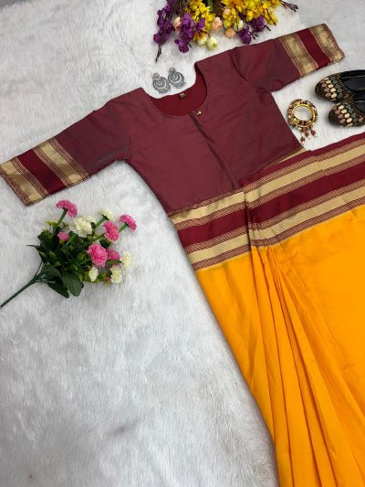 Yellow &amp; Maroon Silk Zip &amp; Go 10 Sec Saree Gown - BONYHUBSAREE