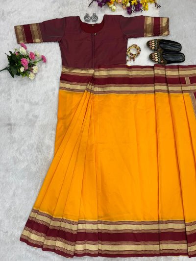 Yellow &amp; Maroon Silk Zip &amp; Go 10 Sec Saree Gown - BONYHUBSAREE