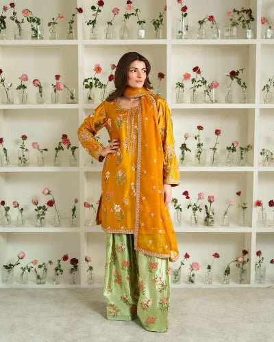 Yellow & Pastel Green Floral Embroidered Farshi Suit Set - BONYHUBSALWAR KAMEEZ