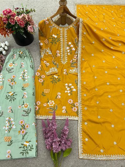Yellow & Pastel Green Floral Embroidered Farshi Suit Set - BONYHUBSALWAR KAMEEZ