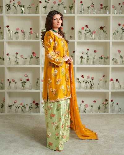 Yellow & Pastel Green Floral Embroidered Farshi Suit Set - BONYHUBSALWAR KAMEEZ