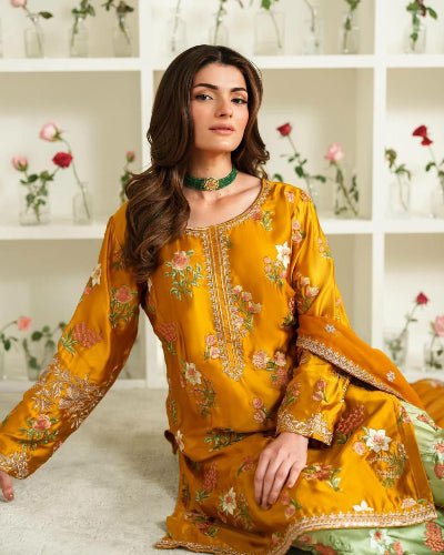 Yellow & Pastel Green Floral Embroidered Farshi Suit Set - BONYHUBSALWAR KAMEEZ