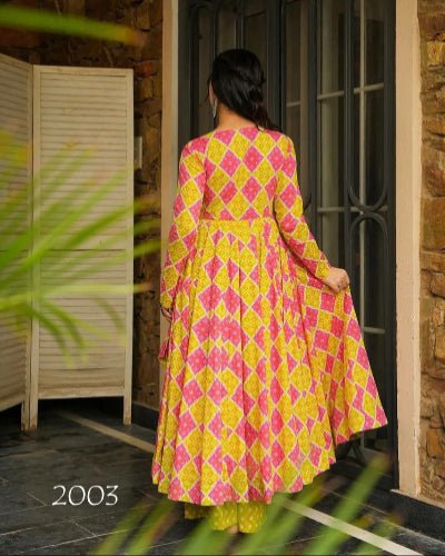 Yellow & Pink Full Sleeves Anarkali Pant Set Of 2 - BONYHUBSALWAR KAMEEZ