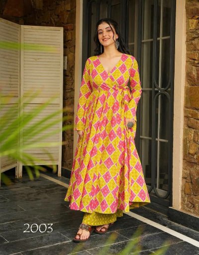Yellow & Pink Full Sleeves Anarkali Pant Set Of 2 - BONYHUBSALWAR KAMEEZ