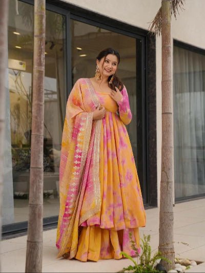 Yellow & Pink Vichitra Silk Digital Print Anarkali Suit Set - BONYHUBSALWAR KAMEEZ