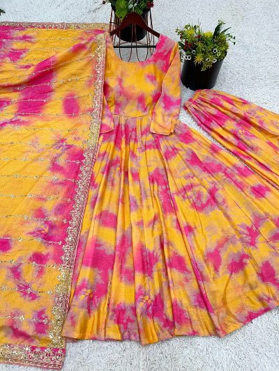 Yellow & Pink Vichitra Silk Digital Print Anarkali Suit Set - BONYHUBSALWAR KAMEEZ