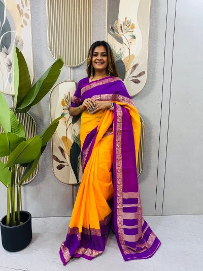 Yellow Purple Silk Ready-to-Wear Saree Gown - BONYHUBSAREE