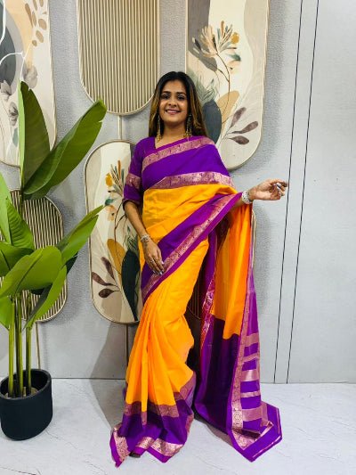 Yellow Purple Silk Ready-to-Wear Saree Gown - BONYHUBSAREE