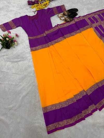Yellow Purple Silk Ready-to-Wear Saree Gown - BONYHUBSAREE