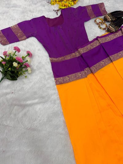 Yellow Purple Silk Ready-to-Wear Saree Gown - BONYHUBSAREE