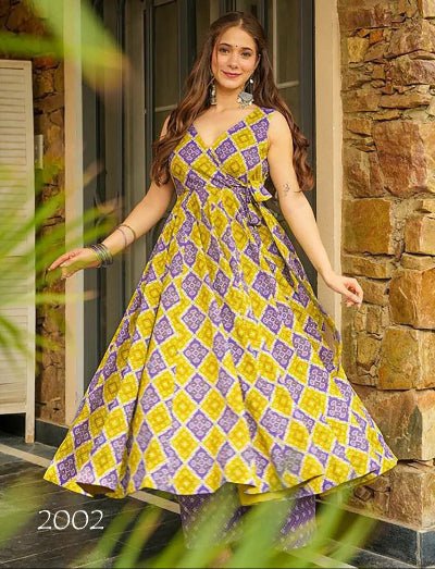 Yellow & Purple Sleeveless Anarkali Pant Set Of 2 - BONYHUBSALWAR KAMEEZ