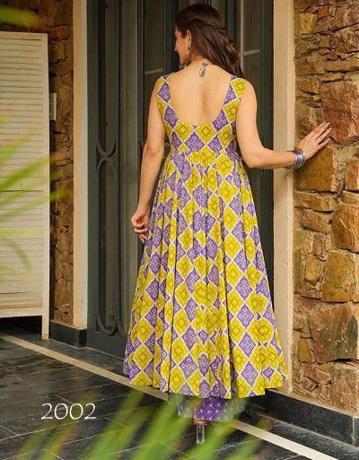 Yellow & Purple Sleeveless Anarkali Pant Set Of 2 - BONYHUBSALWAR KAMEEZ