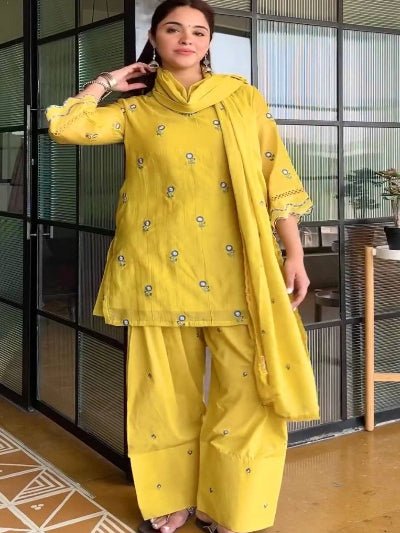 Yellow Satin Chanderi Embroidered Farshi Suit for Women - BONYHUBSALWAR KAMEEZ