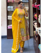 Yellow Satin Silk Digital Print Salwar Suit Set UK Next Day - BONYHUBSALWAR KAMEEZ
