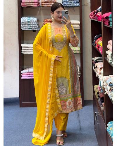 Yellow Satin Silk Digital Print Salwar Suit Set UK Next Day - BONYHUBSALWAR KAMEEZ