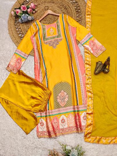Yellow Satin Silk Digital Print Salwar Suit Set UK Next Day - BONYHUBSALWAR KAMEEZ