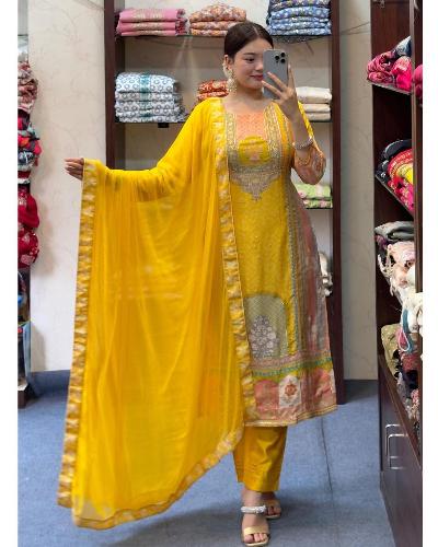 Yellow Satin Silk Digital Print Salwar Suit Set UK Next Day - BONYHUBSALWAR KAMEEZ