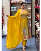 Yellow Satin Silk Digital Print Salwar Suit Set UK Next Day - BONYHUBSALWAR KAMEEZ
