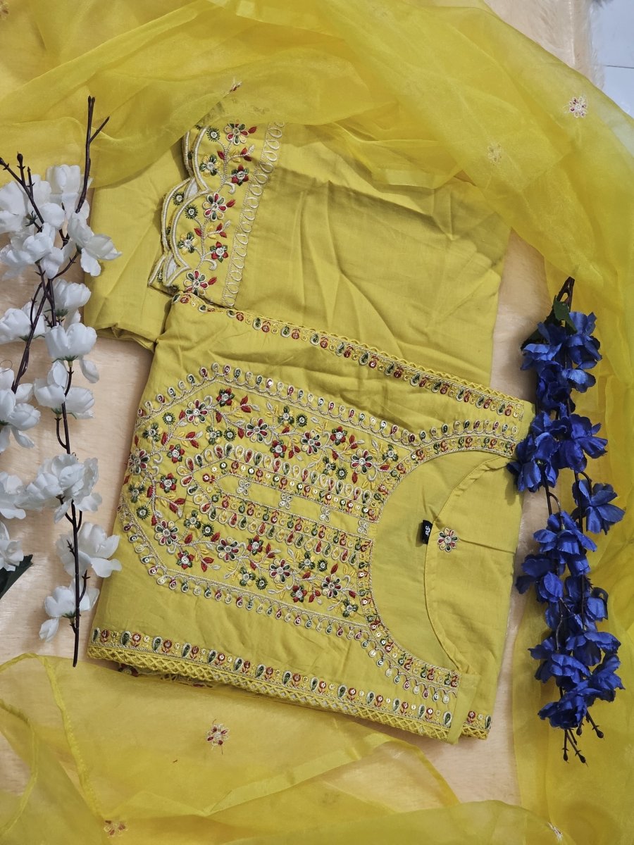 Yellow Schiffli Cotton Kurti, Pant and Dupatta UK Next Day - BONYHUBSALWAR KAMEEZ